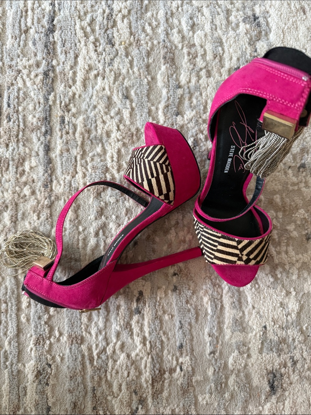 Steve Madden Hot Pink Suede Open-Toe Heels with Zebra Print Accent